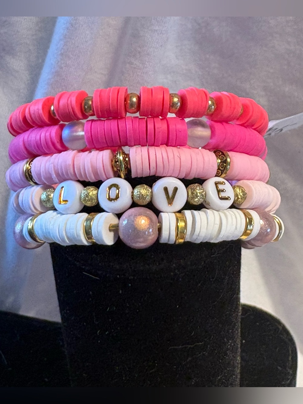 LOVE Pink & White Beaded Bracelet Stack